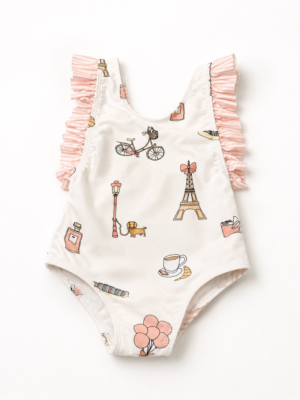 Sal y Pimenta Pale Pink Paris Print One-Piece Swimsuit with Ruffle Straps